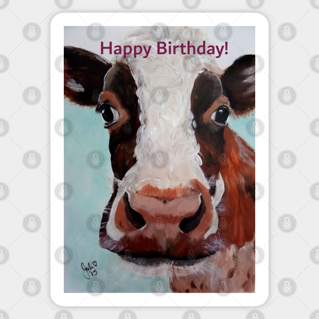 Happy Birthday greeting card featuring cow face Sticker by Krusty